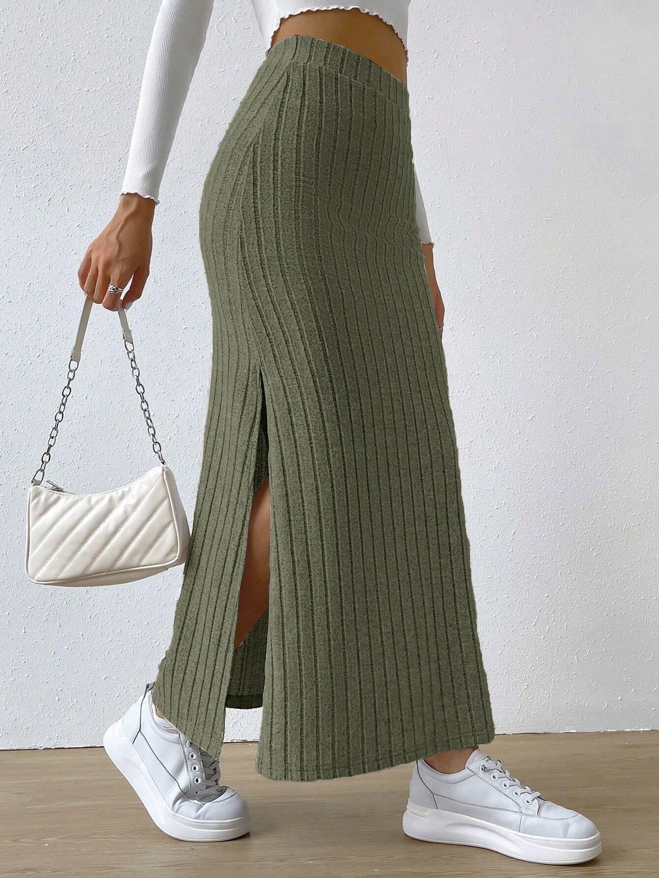 

HNXC Spring Summer High-waisted Side-slit Fitted Knitted Solid Color Women s Skirt L армія зелений колір