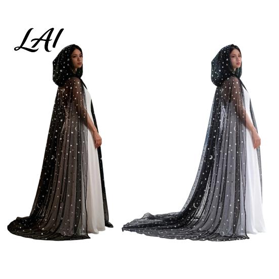 Elegant Stage Performance Cape Full Length Hooded Cloak for Women Star Moon Sheer Gothic Cosplay Robe Tulle Witch Halloween Costume Renaissance