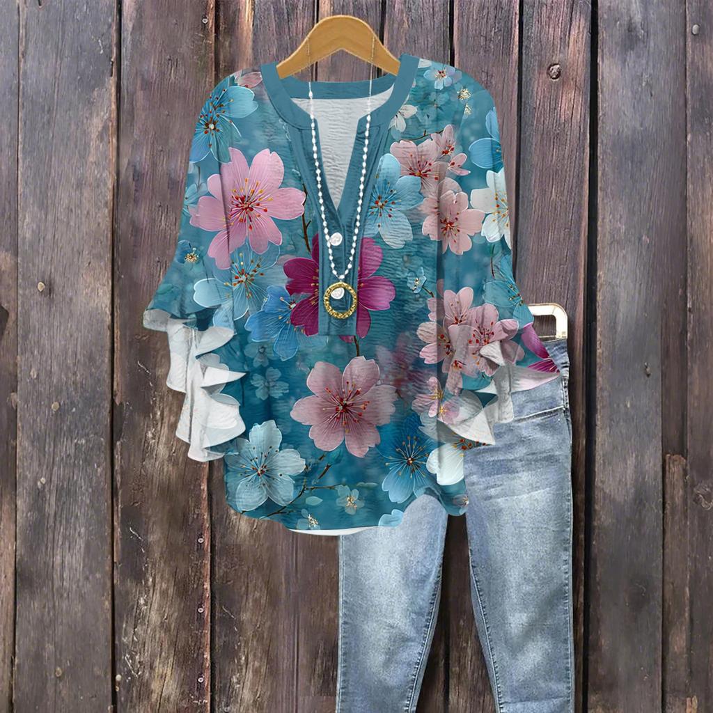 Dámská módní knoflíková halenka s volánky a sedmivteřinovým rukávem, top s květinovým potiskem