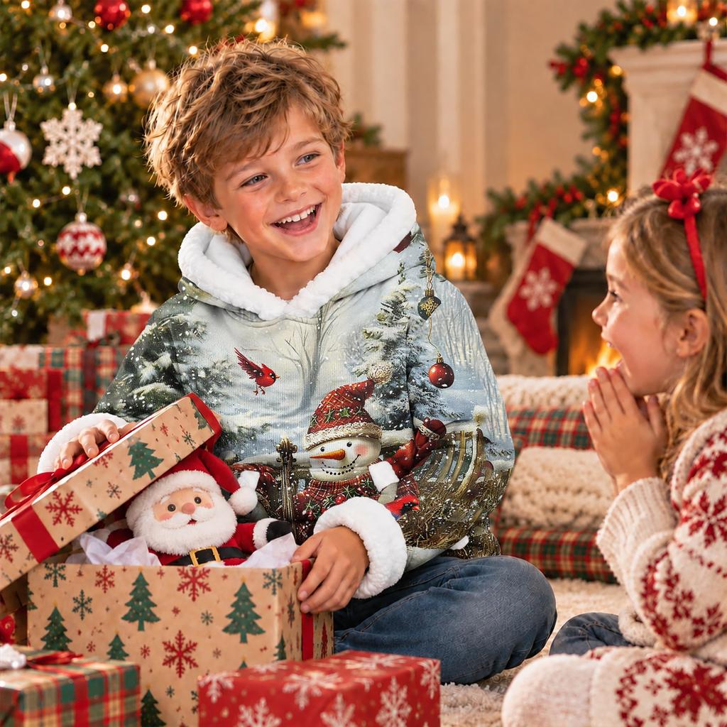 Kids Long Sleeve Christmas Print Casual Fashion Hooded Top
