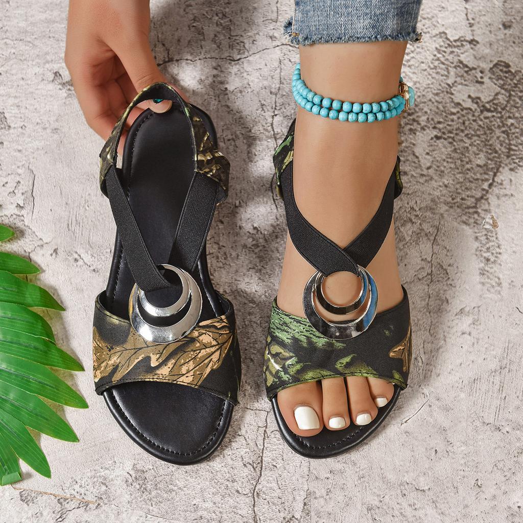 Large size flat sandals summer new metal buckle sandals fashion elastic sandals