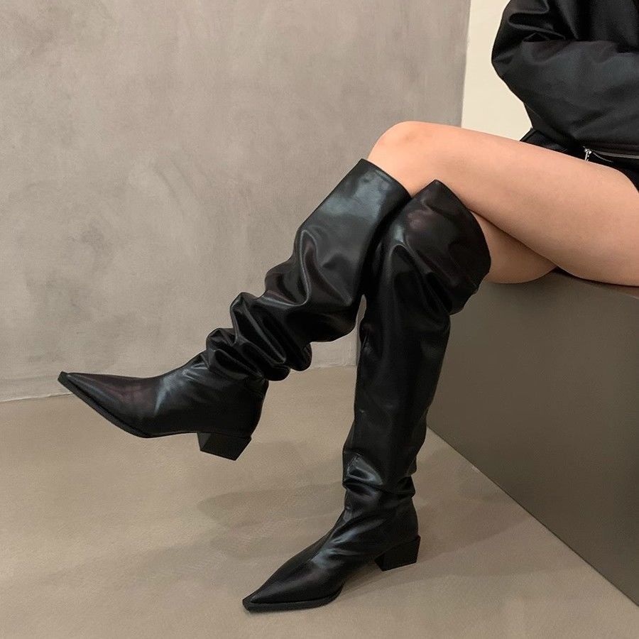 Thick Heel Black Over Knee Pile Long Boots Women's Shoes 2025 New Autumn and Winter Pointed Skinny Knight Boots