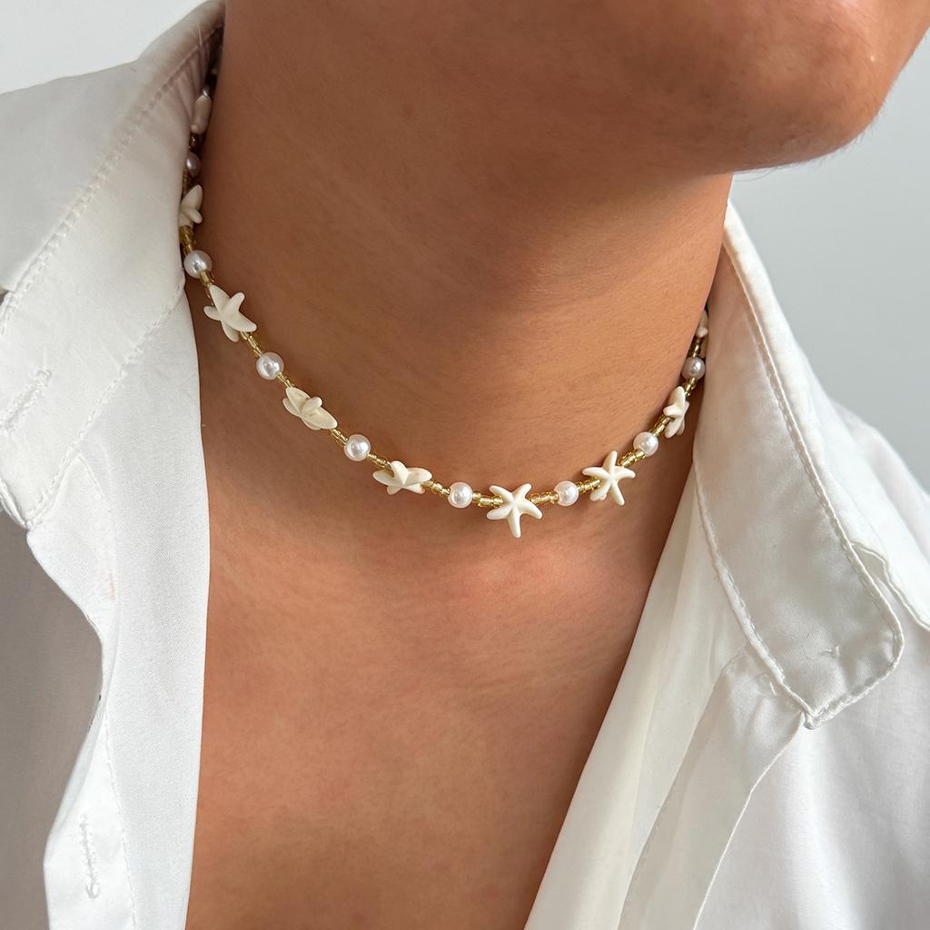 Ingemark Boho Rozgwiazda Imitacja Perły Naszyjnik Choker dla Mężczyzn Trend 2025 Goth Regulowany Łańcuszek na Obojczyk Biżuteria Surferska Plażowa