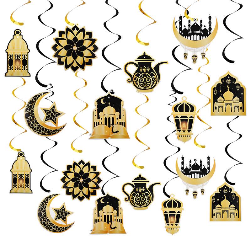 8/16Pcs Ramadan Hanging Spirals Eid Mubarak Moon Star Swirls Banner Garland 2026 Islamic Muslim Party Home Decoration Supplies