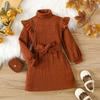 Autumn Winter New 3-7Years Girls Fashion Khaki Woolen Dress High Neck Flying Sleeve Lace Up Knitted Long Sleeve Clothes