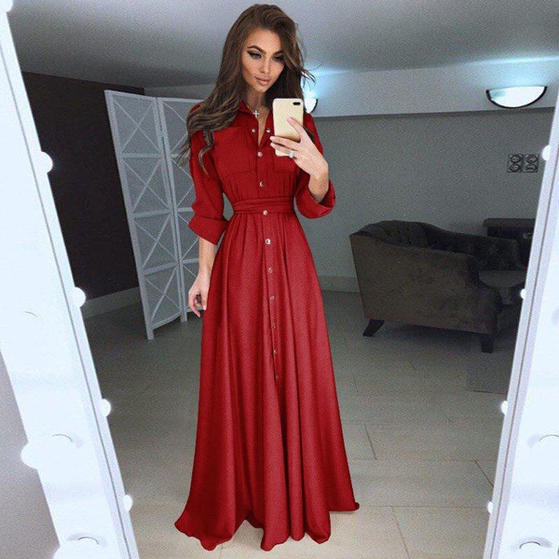 New Fashion Long Sleeve Plus Size Chiffon Dress Women Clothing Solid Button Up Lace-up Midi Loose Dress Woman Elegant Round Neck Casual Dresses 24772