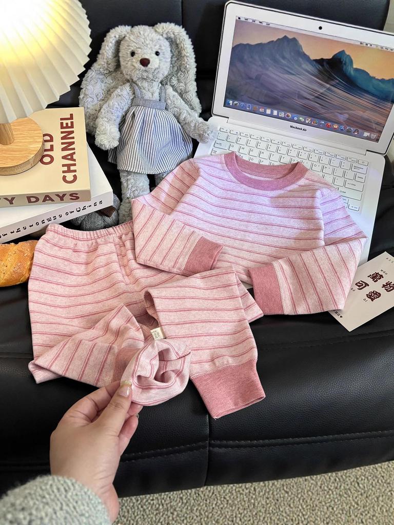 Children's Velvet Cotton Underwear Set: Thickened Autumn Striped Home Wear for Boys and Girls