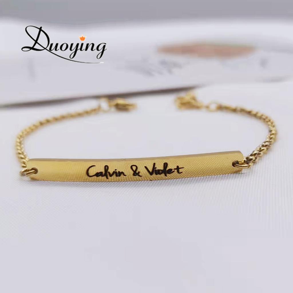 Qiuhan Stainless Steel Men's Classic Geometric Gold Plated Personalized Engraved Name Chain Link Bar Bracelet for