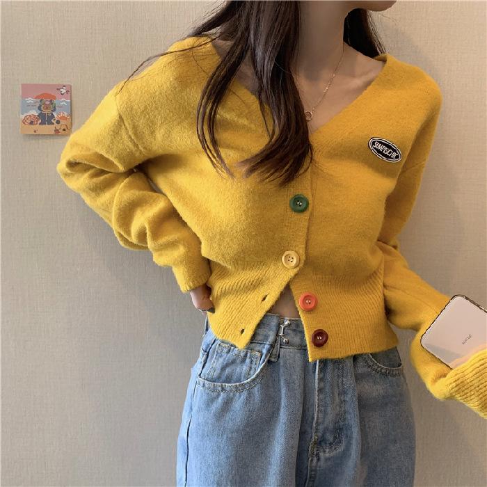 Women Sweater Cardigan Solid Korean V-neck Knitted Cardigan Lady Casual Slim Colorful Single Breasted Short Jumper Coats
