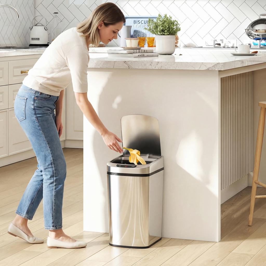 12L Sensor-Mülleimer, Automatischer Berührungsloser Bewegungssensor Küchenmülleimer aus Fingerabdruck-resistentem Edelstahl, Silber