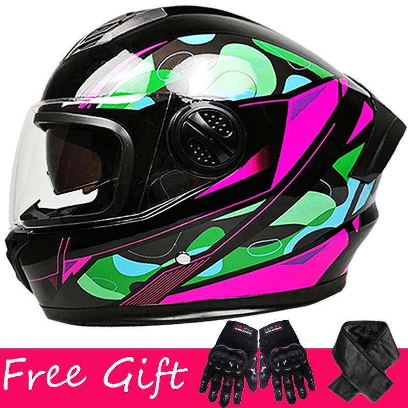 Gloves + Scarf, Double Lens Full-coverage Helmet for Men and Women Riding Four-season Safety Helmet