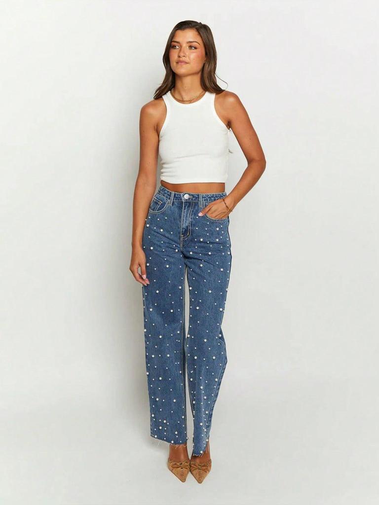 European & American Beaded Frayed Wide-Leg Cowboy Pants
