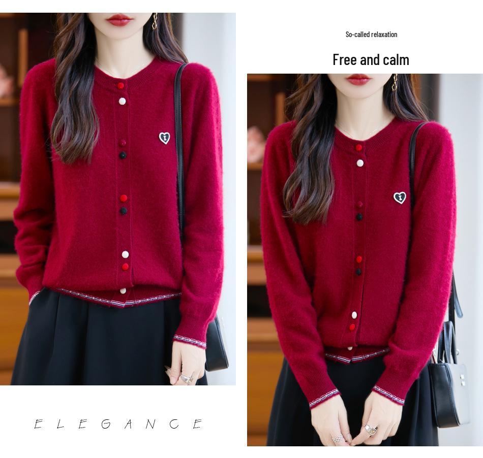 Women's Loose Round Neck Wool Cardigan with Colorful Buttons