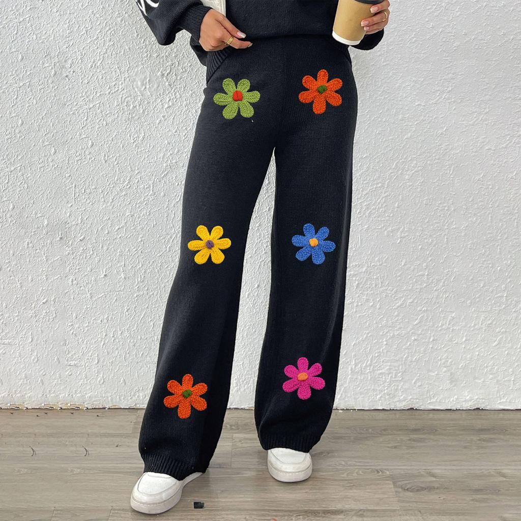 Women's Casual Embroidered Floral Patchwork Fashion Straight Leg Pants Wide Leg Pants Woven Wool Pants