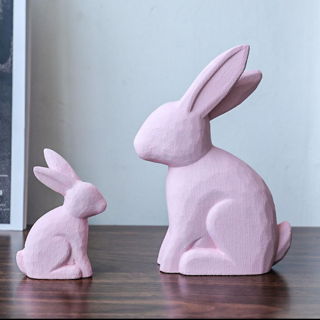 Easters Rabbit Statue Set of 2 Cute Wooden Bunnies Figurines Decors for Living Room or Bedroom Desktop Display Ornaments