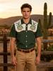 Printed Design – Not Textured Men's Western Style Green and White Patchwork Short Sleeve Lapel Shirt, Beetle Print Vintage Denim Shirt, American