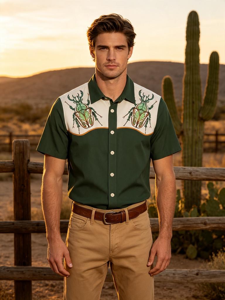 Printed Design – Not Textured Men's Western Style Green and White Patchwork Short Sleeve Lapel Shirt, Beetle Print Vintage Denim Shirt, American