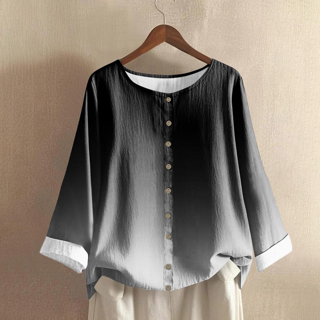Women's Casual Long-sleeved Round Neck Gradient Cotton And Linen Top