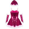 Girls Christmas Santa Dance Costume Adjustable Spaghetti Straps Sequins Leotard Dress Hat Arm Sleeves
