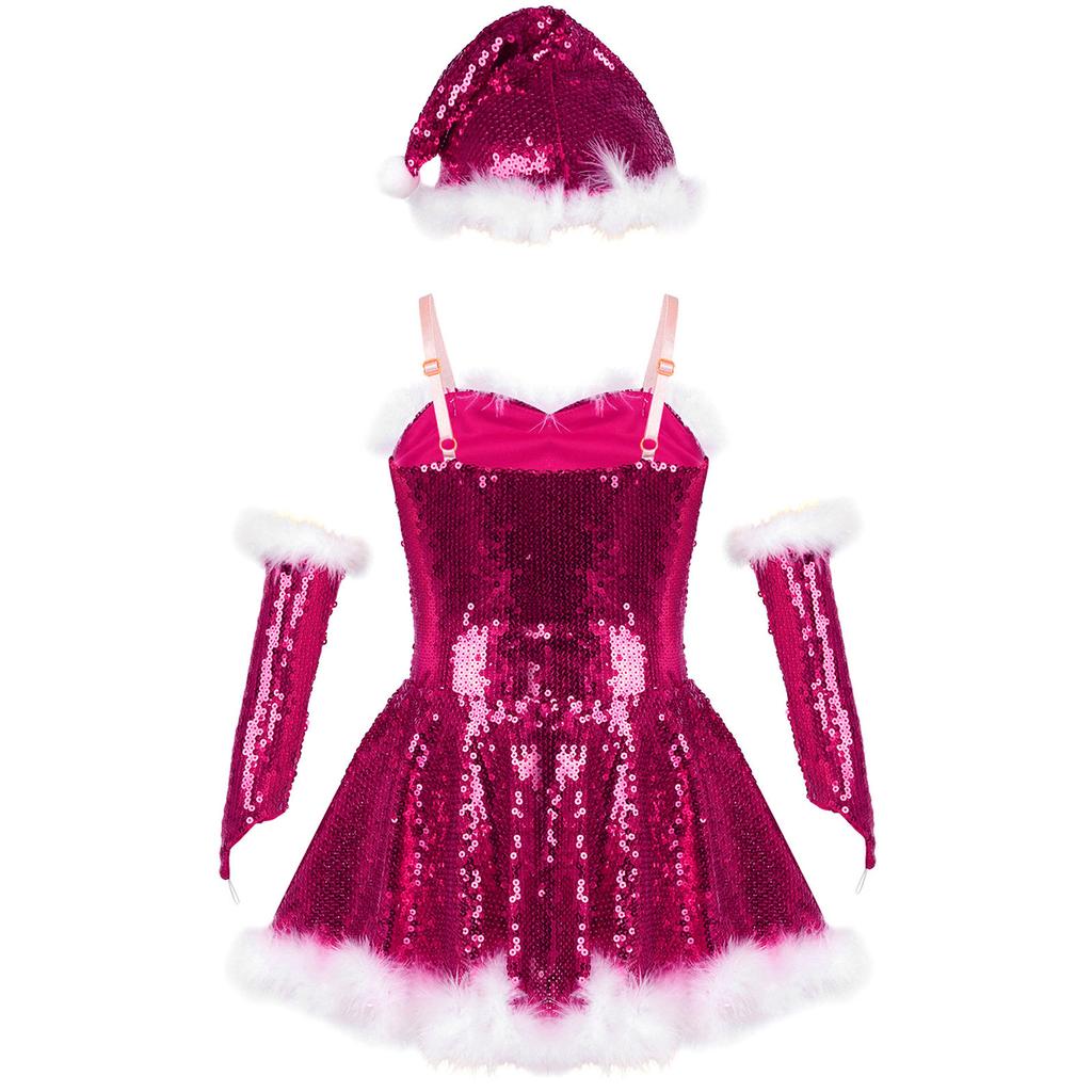 Girls Christmas Santa Dance Costume Adjustable Spaghetti Straps Sequins Leotard Dress Hat Arm Sleeves