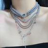 Crystal Inlaid Multi-Layer Pearls Necklace Multilayer Stacked Cross Clavicle Chain  Girls