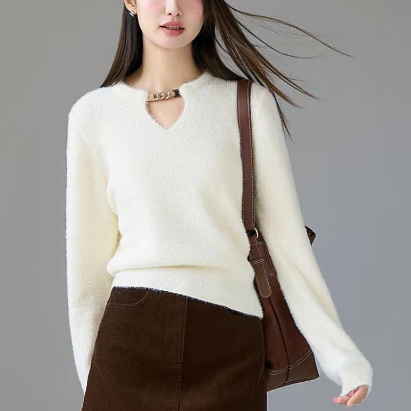 Hollow Out Solid Color Sweater for Women Autumn and Winter Small Fragrance Style Knitted Sweater Top