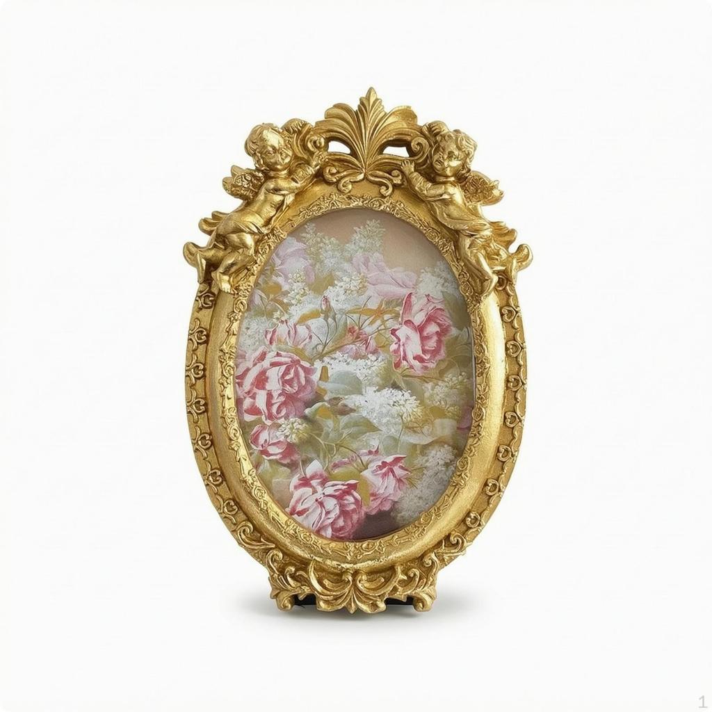 Oval Photo Frame Cherub Picture Ornate for Mantel, Shelf, Desk