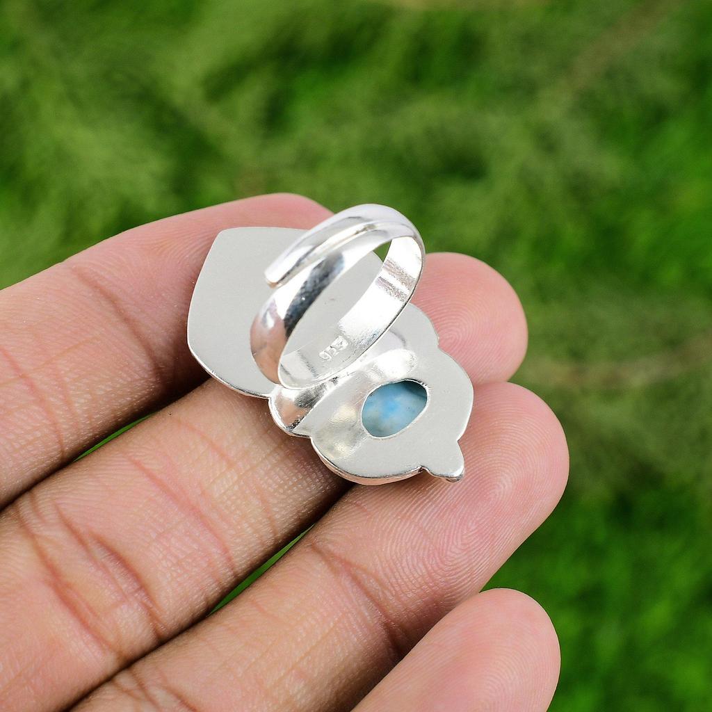 Gift For Her Natural Larimar Solitaire Bird Adjustable Ring 925 Silver