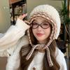 Autumn and winter new contrasting color rough edge ear protector hat thickened warm braid pullover hat showing face small knitted wool hat