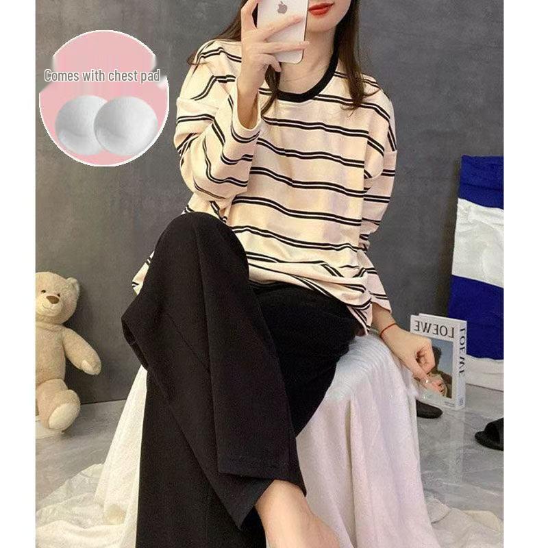 Dames Zomer 2025 Gestreept Pyjamaset met Borstkussentjes - Korte Mouw, Casual, Lichtgewicht