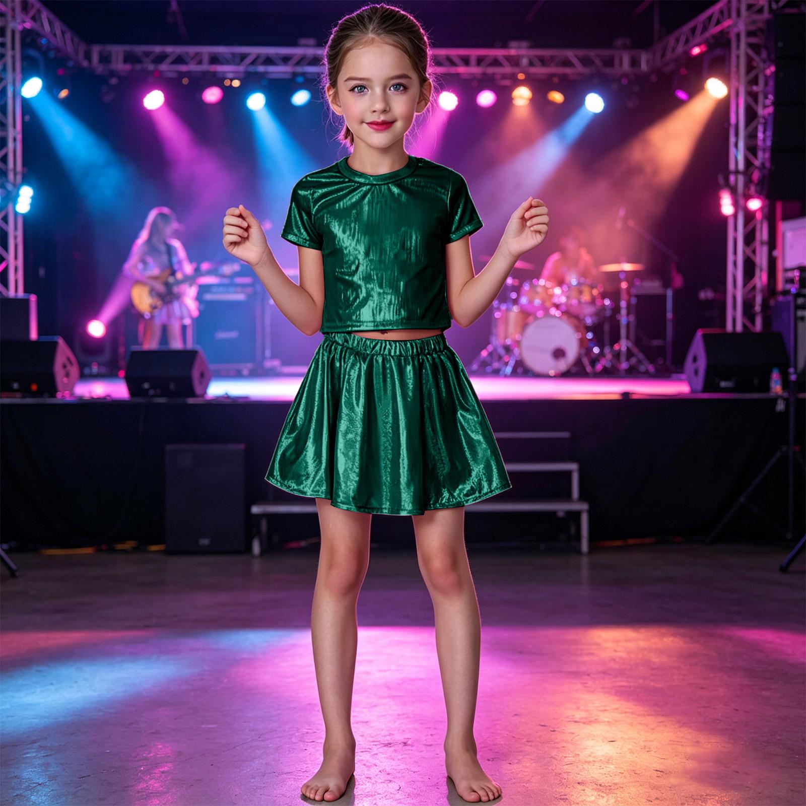 

Girls Pleated Skirt Elastic Waistband Dance Skirt with Foil Laser Shine Finish Kids Skirt for Ballet Performance and Costume Use M зелёный
