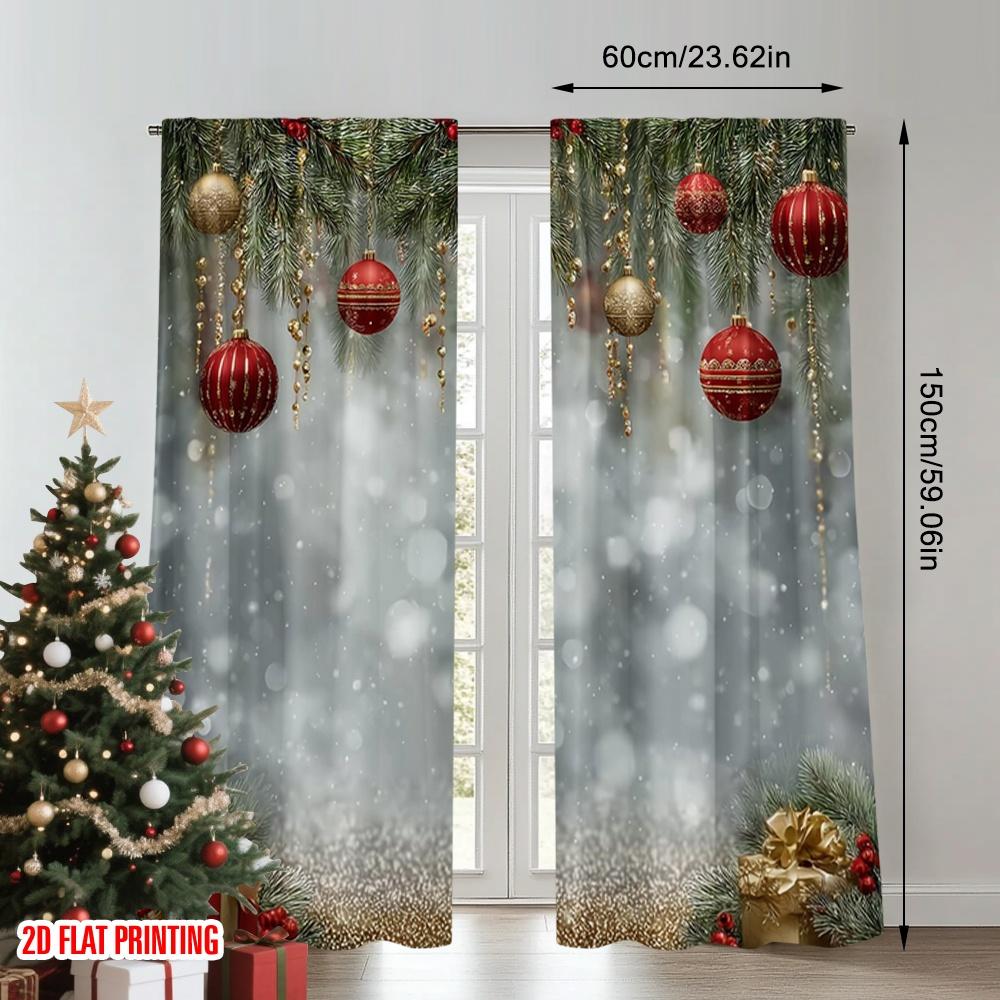 2pcs 2D flat printing Happy Christmas Scene Curtains Christmas Snowflake Light Ball Print Digital Printed Polyester Drapes Party