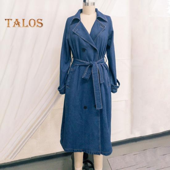 Women Denim Jacket Double-breasted with Side Pockets Lace-up Tie Waist Mid Length Solid Color Turn-down Collar Overcoat Streetwear Outdoor