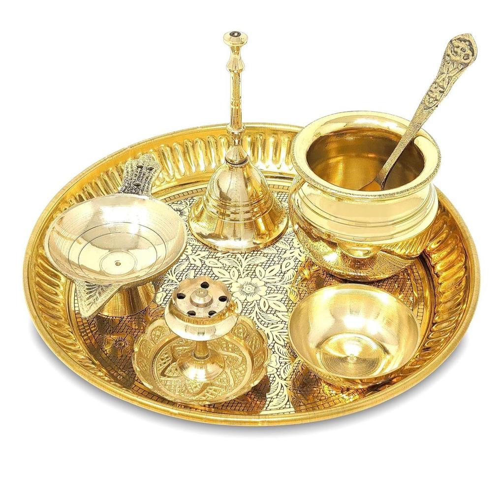 BENGALEN Brass Pooja Thali Set 6 Inch Puja Thali with Pital Plate Kalash Spoon
