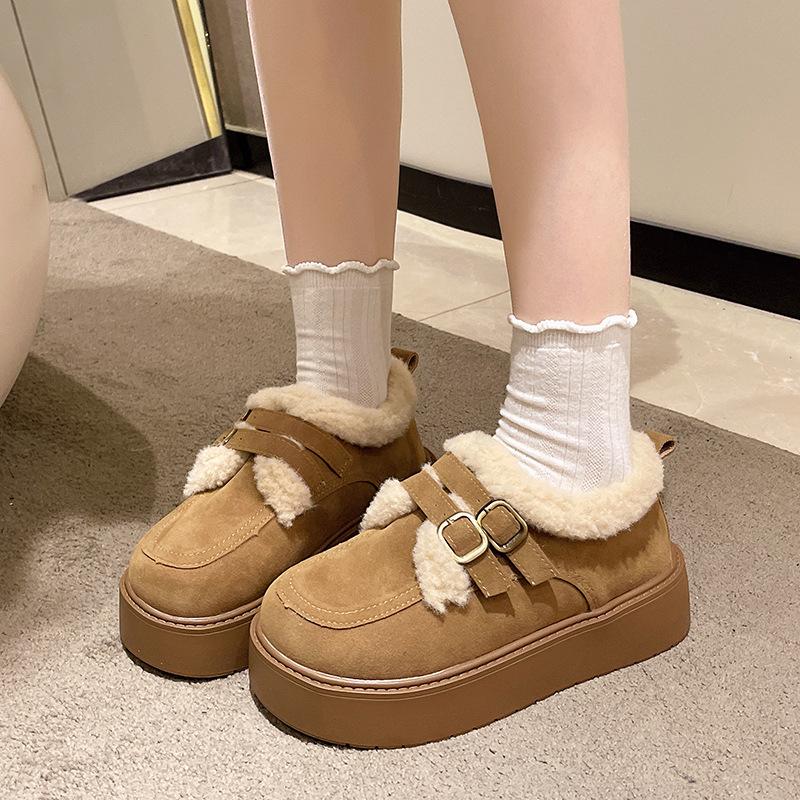 Women's thick-soled winter fur one belt buckle lightweight warm anti-cold padded snow boots non-slip wear casual sneakers cotton boots Le Fu shoes