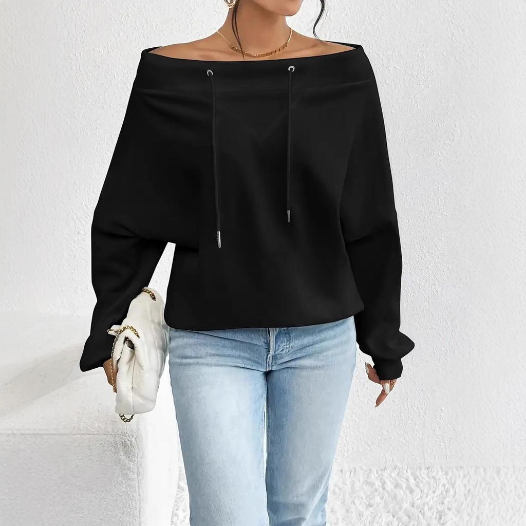 Neues Damen Locker und Lässig Kordelzug Schulterfrei Einseitig schulterfrei Top