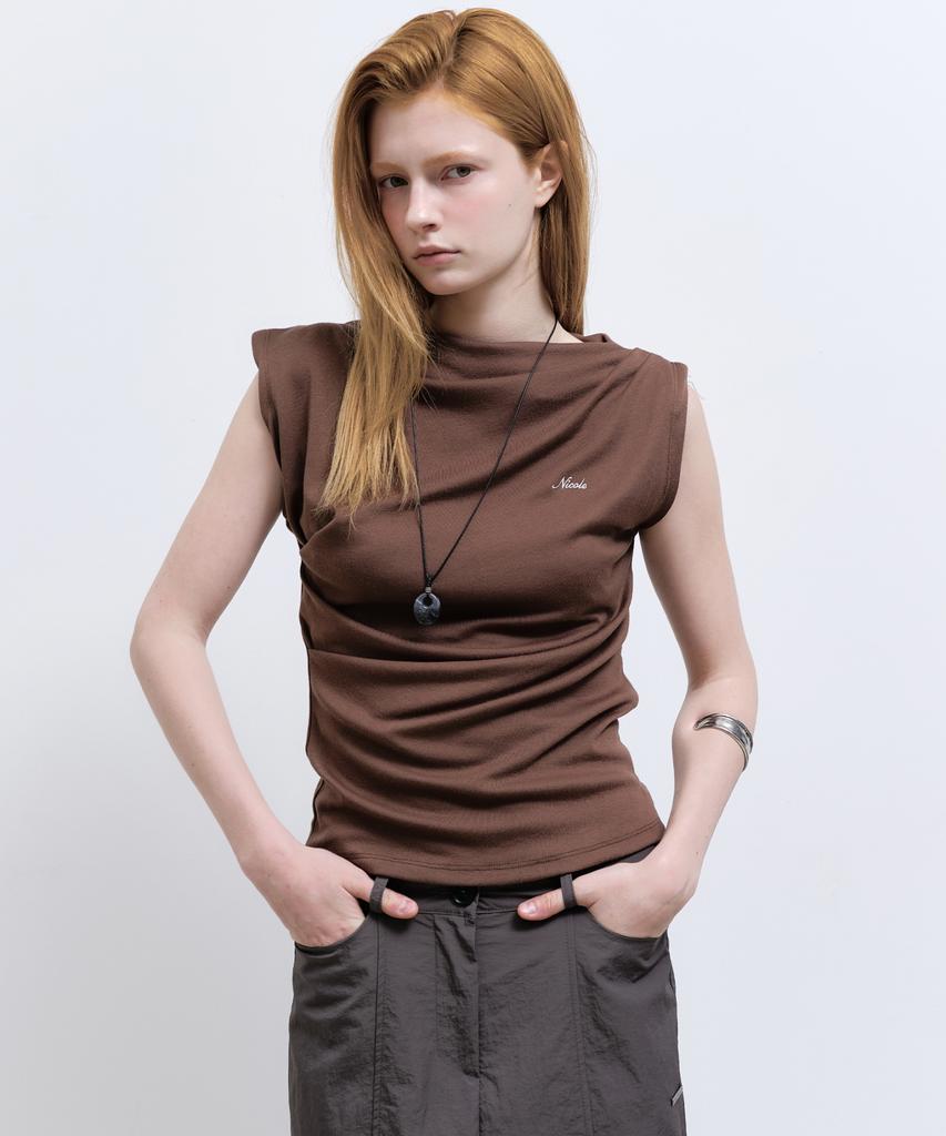 Nigaennikol Draped Shirring Sleeveless Top_Brown