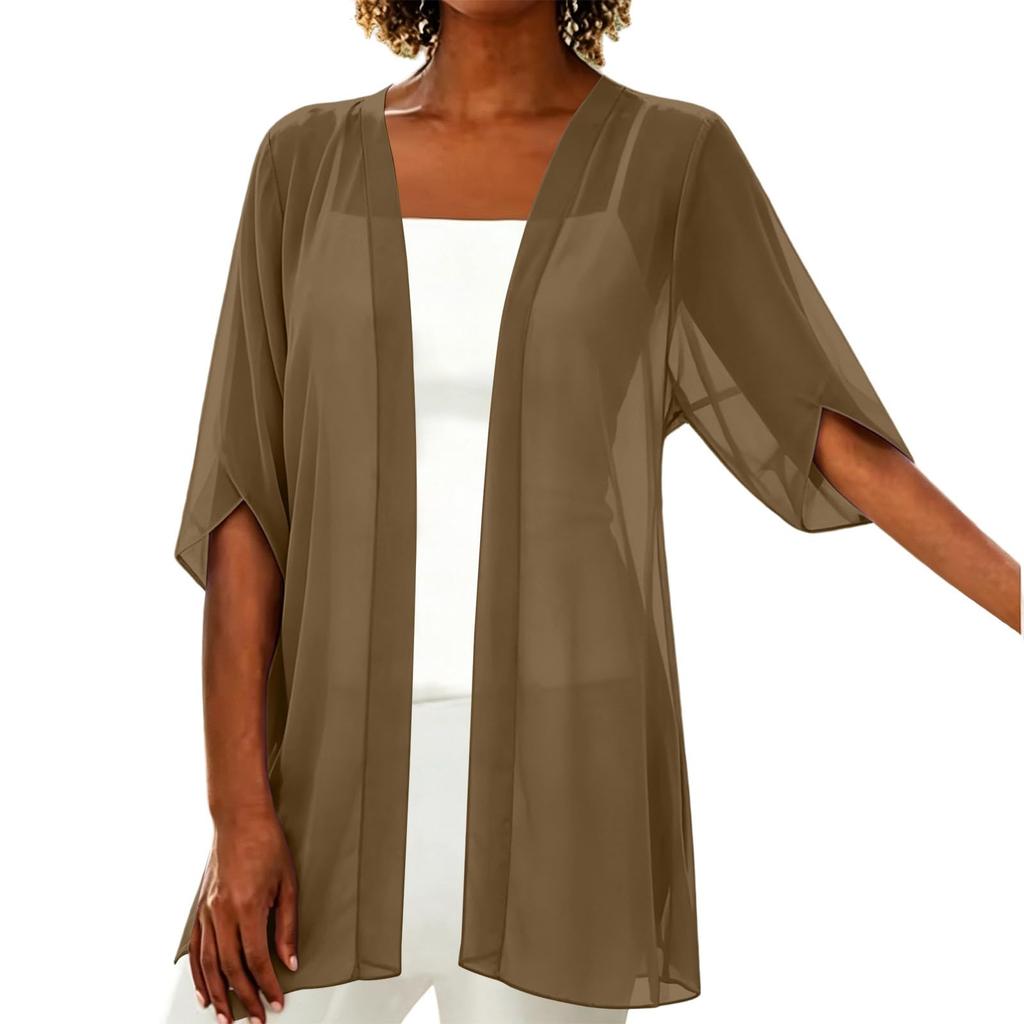 Women's Color 3/4 Sleeve Chiffon Cardigan - Lightweight Summer Loose Fit Open Front Casual Outerwear for Women