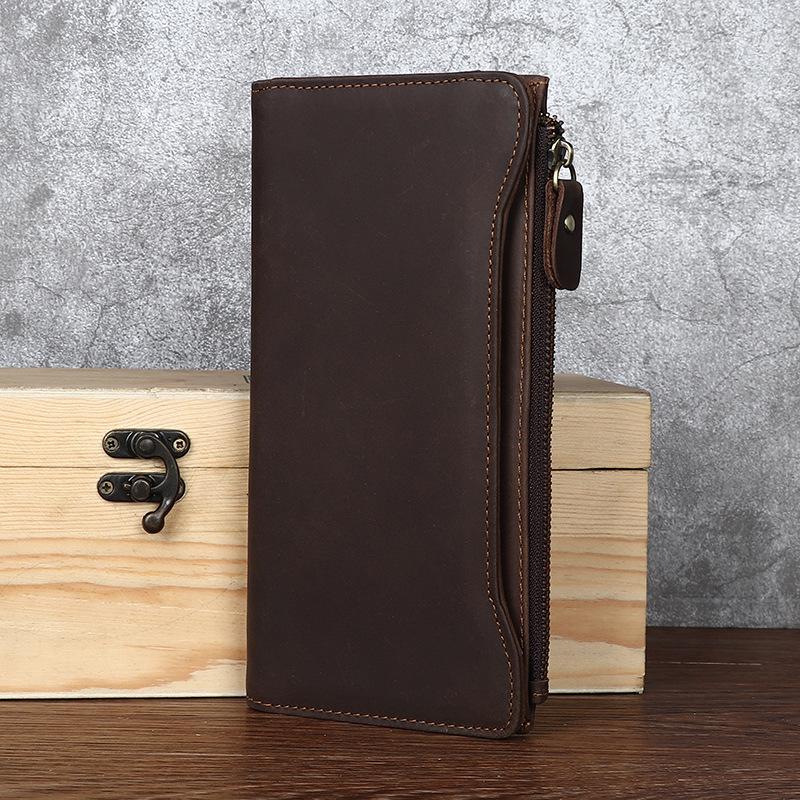 Crazy Horse Leather Long Wallet, Genuine Leather Buckle Leather Wallet, Head Layer Cowhide Silver Bag, Retro Business Leather Wallet