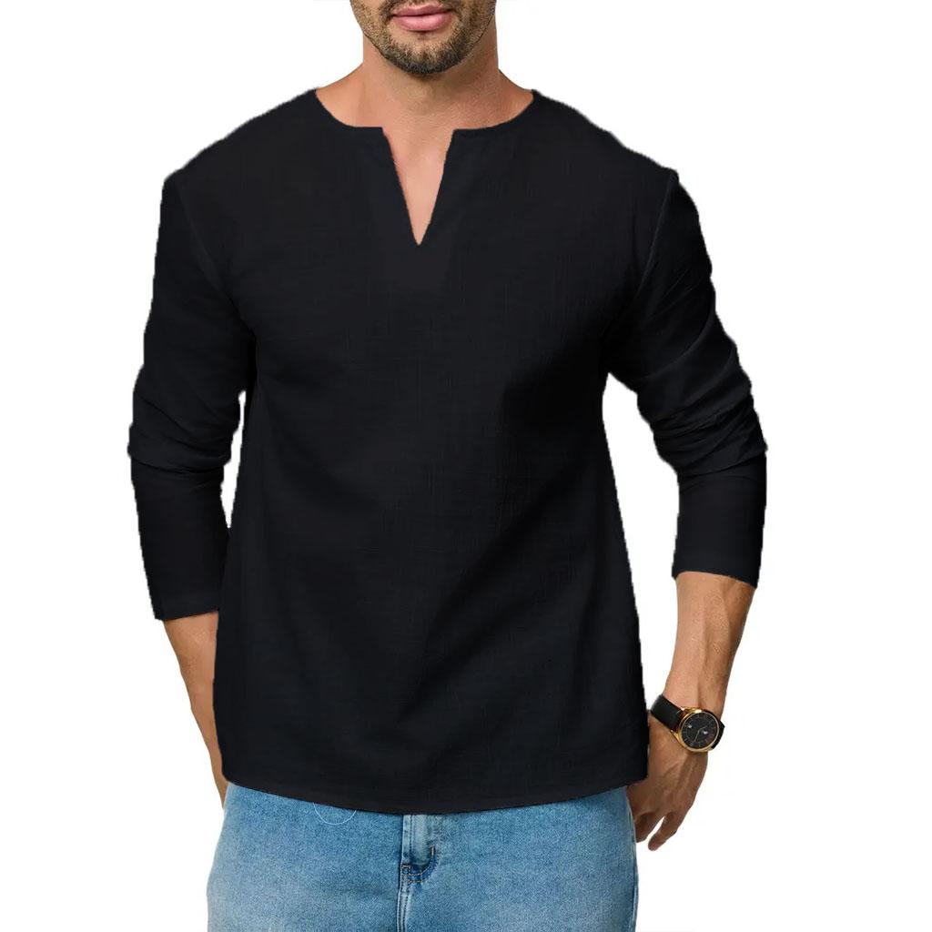 Men's Cotton Linen Long Sleeve T-Shirt Breathable V-neck Casual Slim Fit Solid Color Lightweight Male Casual Cozy Tees