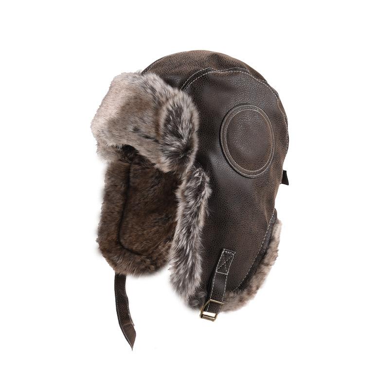 Leather caps for men and women, winter thickened warm ear protectors, windproof cycling pilots, locomotive caps, foreign trade