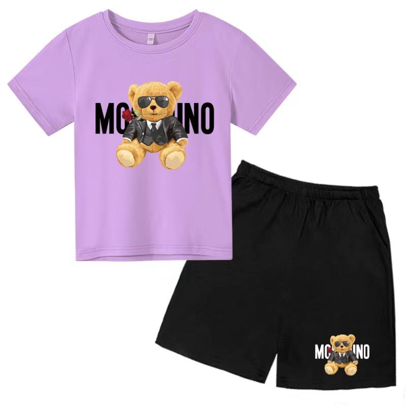 Children Summer Charming Rose Letter Bear Print T-shirt+Shorts Set Boys Girls Casual Toddler Sports First Choice Clothes