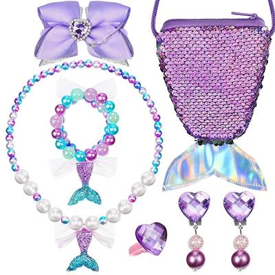 Meerjungfrau-Halskette und Armband, Schmuckset für Kinder und Mädchen, Perlenkette/-armband, Ring-Kombi-Set für Party, Kostümschmuck, Geschenk