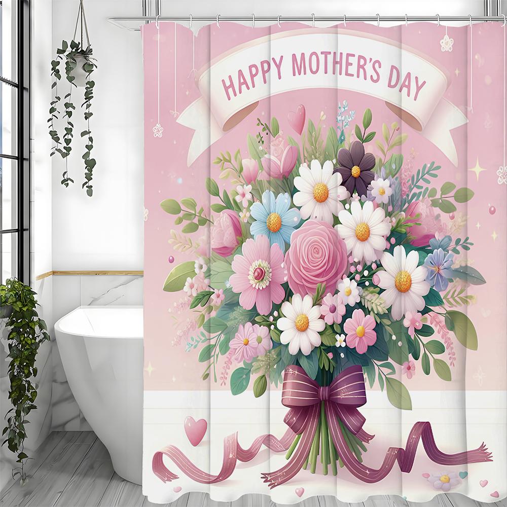 Happy Mother's Day Bouquet Pink Shower Curtain, Bathroom Decorative Shower Curtain, Waterproof Shower Curtain with Hooks