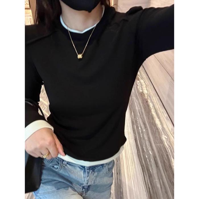 

Women s Color Block Patchwork Two-in-One Slim-Fit Long-Sleeve Velvet Top Medium чёрный