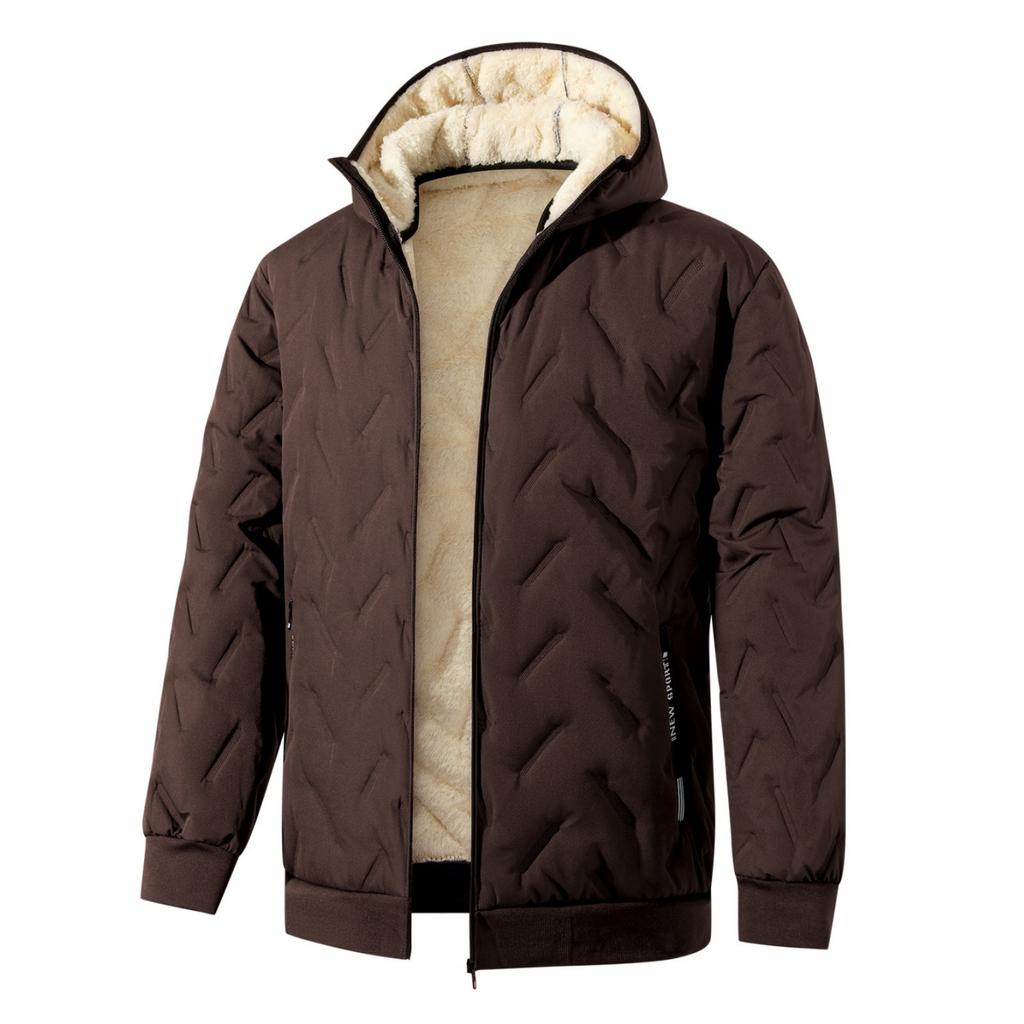 Men's Color Quilted Hooded Cotton Jacket with Zipper Pockets, Thick Warm Lined Windproof Casual Coat