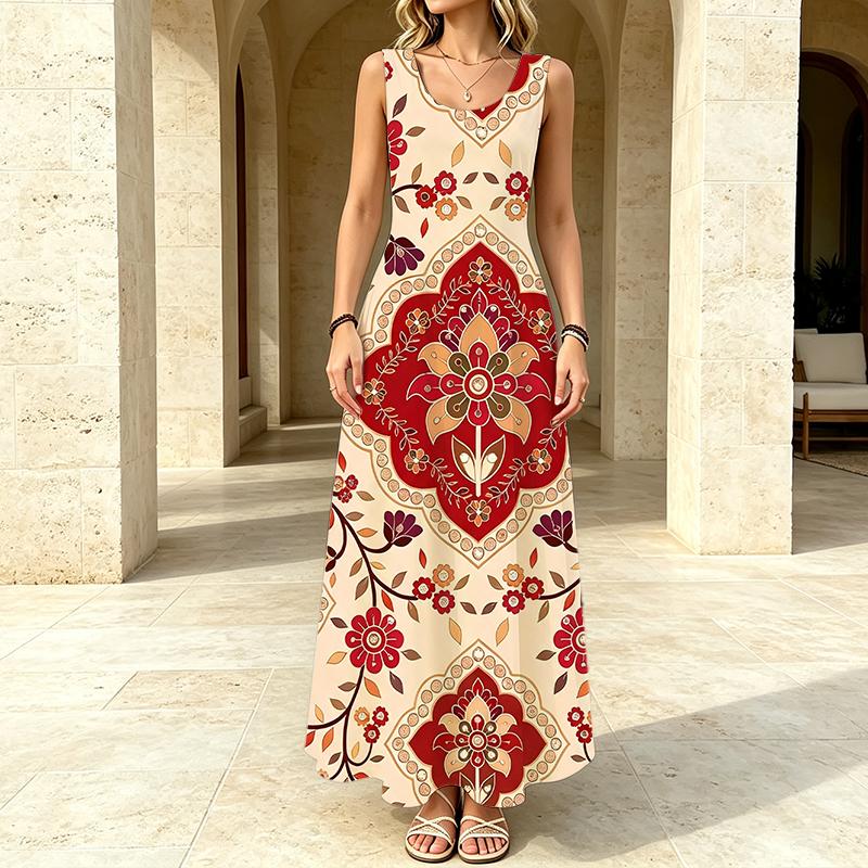 Women's Sleeveless Long Dress,Vintage Floral Design,Lightweight Loose Fit,Fashion Elegant Style for Casual Daily Wear