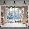 1 pezzo Sfondo Invernale di Natale con finestra su foresta innevata, albero di Natale e cervo - semplici decorazioni a filo bianco e oro