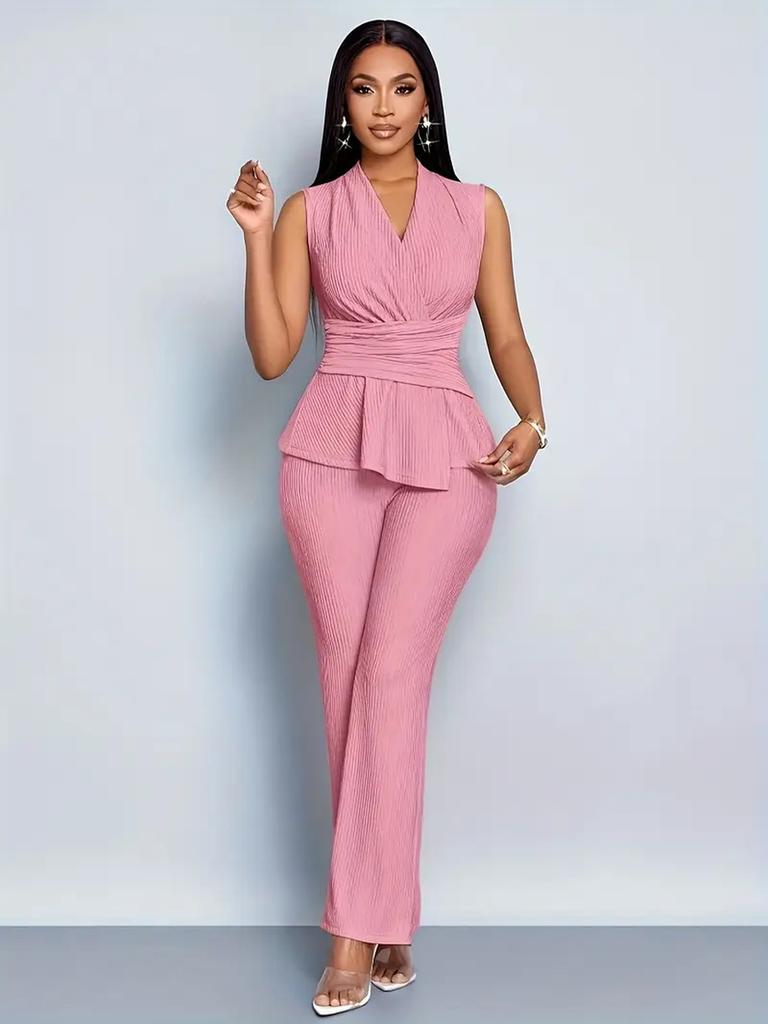 New Spring Summer Women's Two Piece Set Elegant Slim Fit V-Neck Sleeveless Irregular T-Shirt Wide Leg Pants Outfit