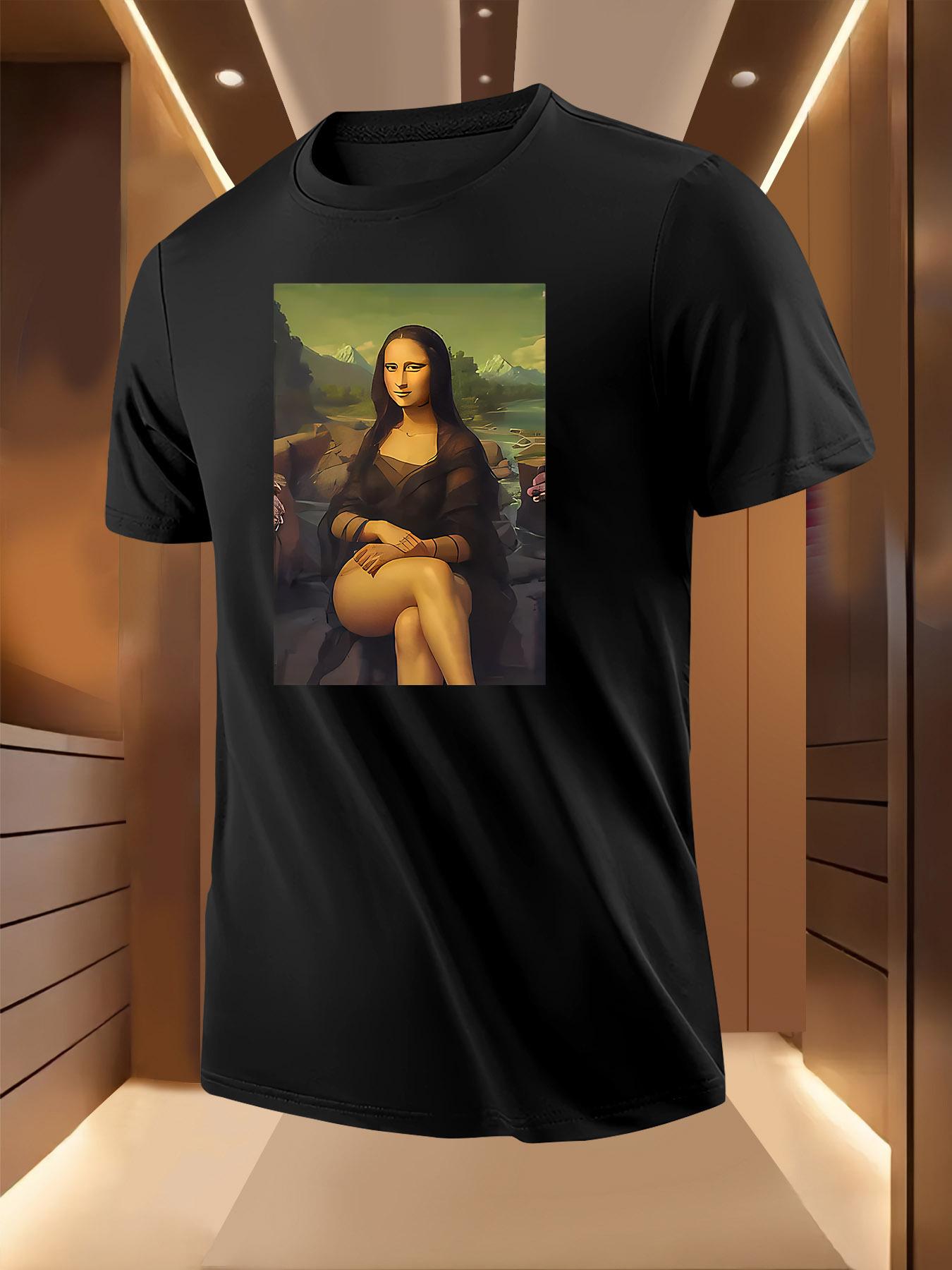 Trendy Mona Lisa Print Tshirt - Breathable Lightweight Po... L